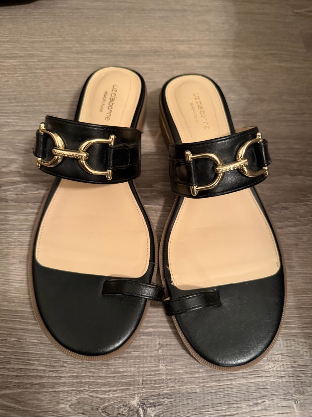 Black Leather Slide Sandals with Gold Horsebit Accent